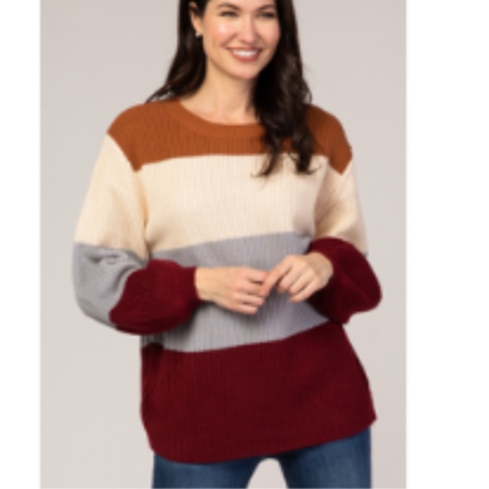 Burgundy Striped Colorblock Balloon Sleeve Sweater